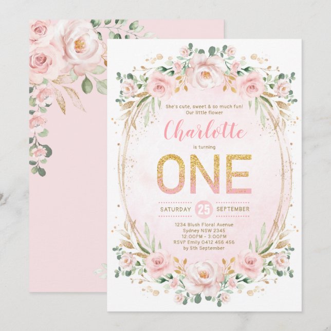 Soft Pastel Pink Rose Blush Gold Girl 1st Birthday Invitation (Front/Back)