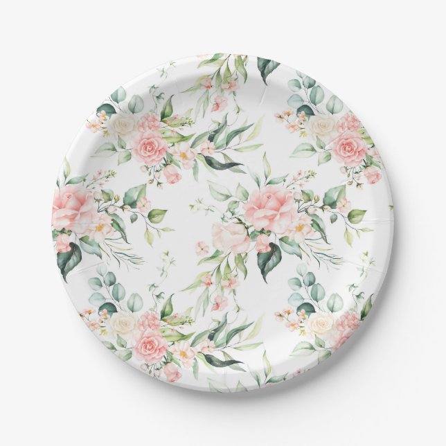 Soft Pastel Pink Rose Flower Pattern Paper Plate (Front)