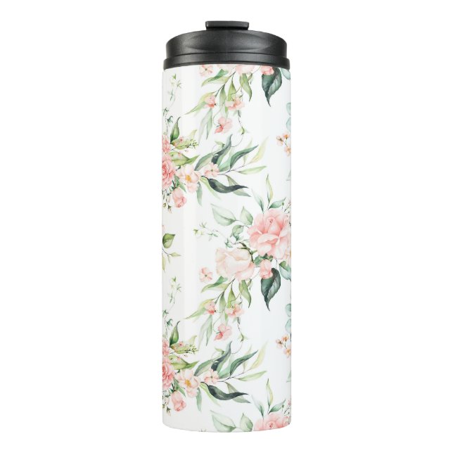 Soft Pastel Pink Rose Flower Pattern Thermal Tumbler (Front)