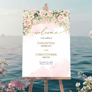 Soft pastel pink roses and gold Wedding Welcome Poster