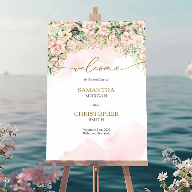 Soft pastel pink roses and gold Wedding Welcome Poster (Elegant soft pink roses greenery and gold wedding welcome sign)