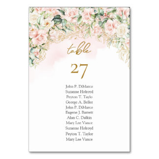 Soft pastel pink roses gold and greenery wedding table number