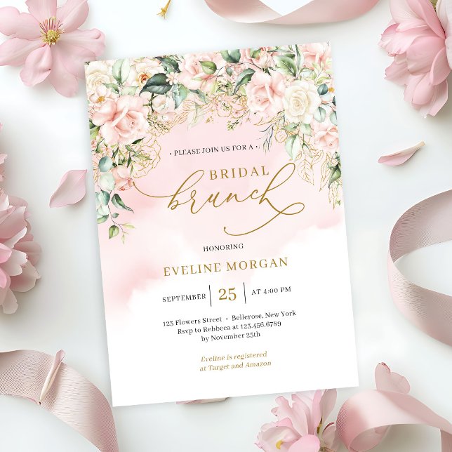 Soft pastel pink roses & gold bridal brunch invitation (Ethereal pale pink roses sage greenery and gold bridal brunch invitation )