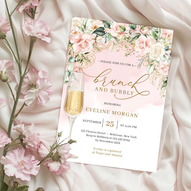Soft pastel pink roses & gold brunch and bubbly invitation (Elegant blush pink roses sage eucalyptus gold sparkles brunch and bubbly invitation digital )