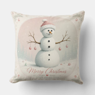 Soft Pastel Pink Snowman Winter Forest Cushion