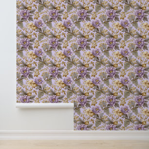 Soft pastel purple and faux gold flowers wallpaper