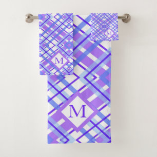 Soft Pastel Purple Blue Plaid Personalise Monogram Bath Towel Set