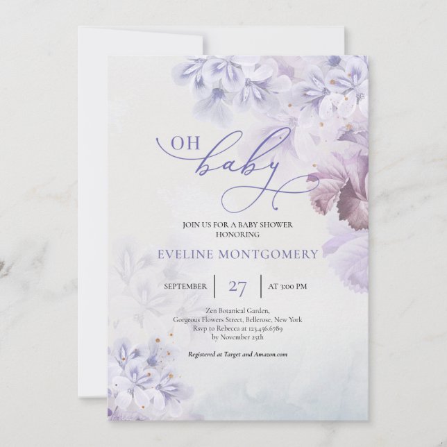 Soft pastel purple flowers dusty pink Oh Baby Invi Invitation (Front)