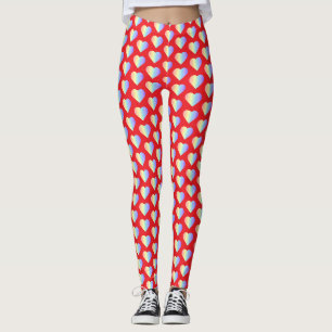 Soft Pastel Rainbow Hearts in Fire Red Leggings