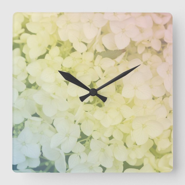  Soft Pastel Rainbow Hydrangea Square Wall Clock (Front)