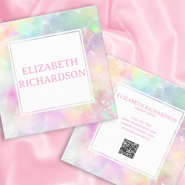 Soft Pastel Rainbow Opal Crystal Colourful QR Code Square Business Card (Creator Uploaded)