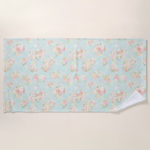 Soft Pastel Rose Pattern on Aqua Background Beach Towel