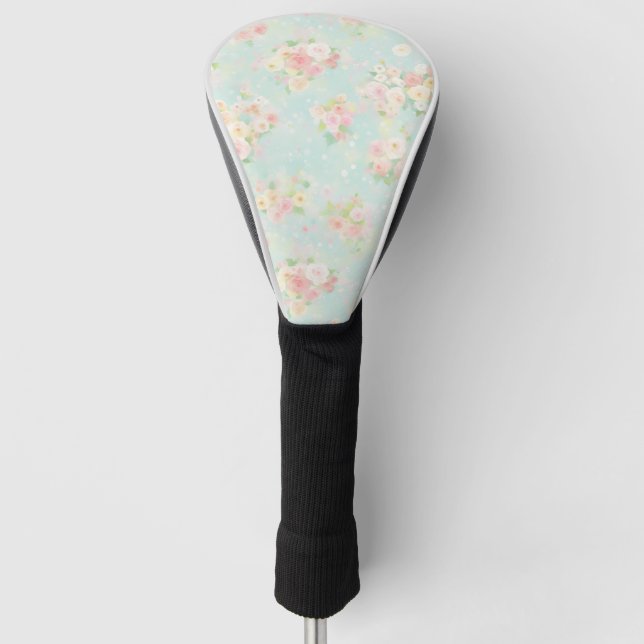 Soft Pastel Rose Pattern on Aqua Background Golf Head Cover (Front)