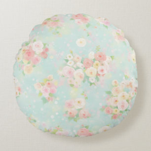 Soft Pastel Rose Pattern on Aqua Background Round Cushion