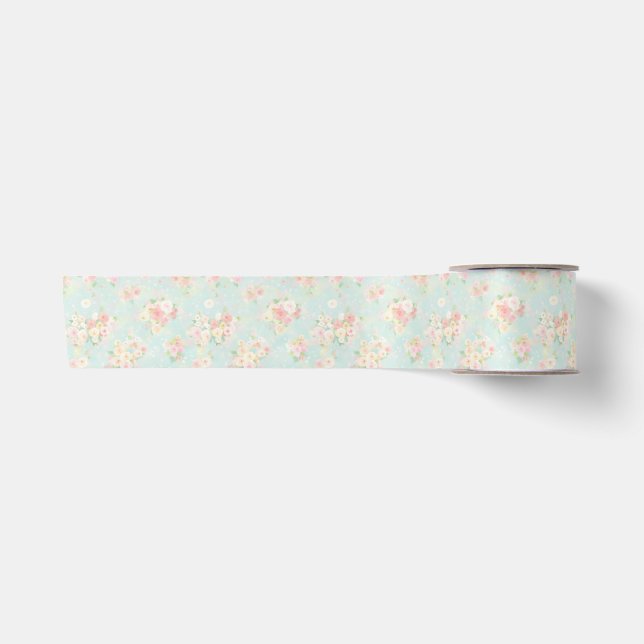 Soft Pastel Rose Pattern on Aqua Background Satin Ribbon (Front)