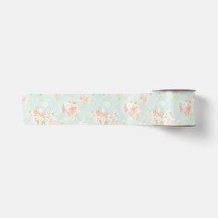 Soft Pastel Rose Pattern on Aqua Background Satin Ribbon