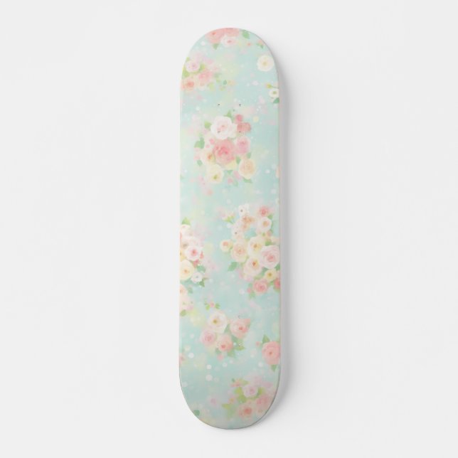 Soft Pastel Rose Pattern on Aqua Background Skateboard (Front)