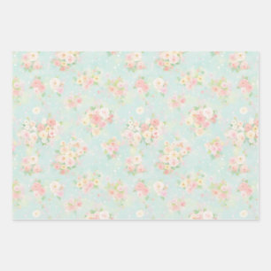 Soft Pastel Rose Pattern on Aqua Background Wrapping Paper Sheet