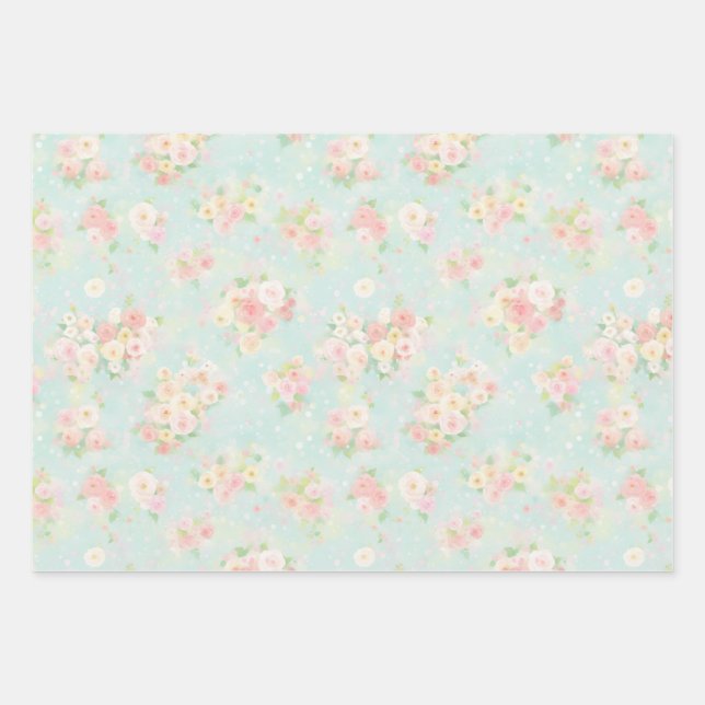 Soft Pastel Rose Pattern on Aqua Background Wrapping Paper Sheet (Front)