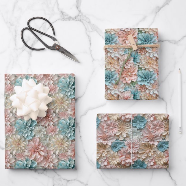 Soft Pastel Sculptural Flower 2D Pattern in Blush Wrapping Paper Sheet (Front)