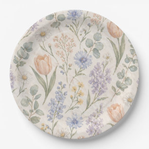 Soft Pastel Spring Meadow Watercolor Tulips Lilacs Paper Plate