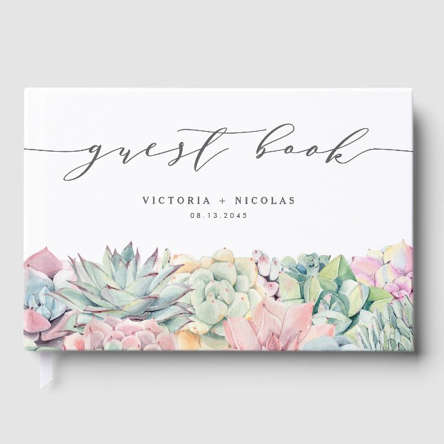 Soft Pastel Succulent Watercolor Garland Wedding Guest Book (Front)