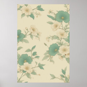 Soft Pastel Teal and Cream Floral Pattern Poster