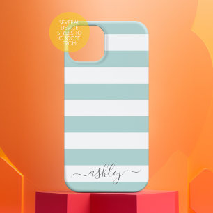 Soft Pastel Teal White Striped Pattern Grey Script