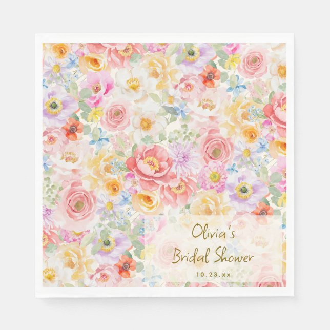 Soft Pastel Watercolor Floral Bridal Shower Napkin (Front)