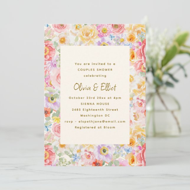 Soft Pastel Watercolor Floral Cute Couples Shower Invitation (Standing Front)