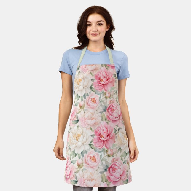 Soft Pastel Watercolor Peony Blossoms Apron (Worn)