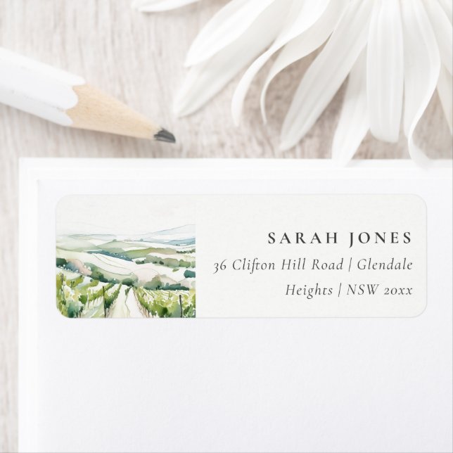 Soft Pastel Watercolor Vineyard Landscape Address (Insitu)