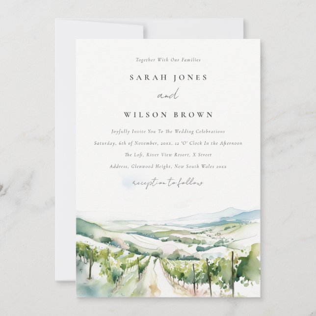 Soft Pastel Watercolor Vineyard Landscape Wedding Invitation (Front)
