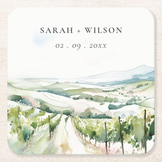 Soft Pastel Watercolor Vineyard Landscape Wedding Square Paper Coaster (Front)