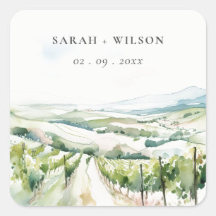 Soft Pastel Watercolor Vineyard Landscape Wedding Square Sticker