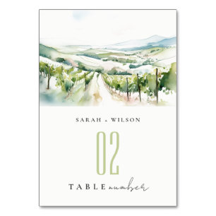 Soft Pastel Watercolor Vineyard Landscape Wedding Table Number