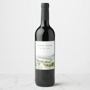Soft Pastel Watercolor Vineyard Landscape Wedding Wine Label