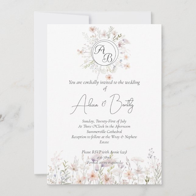 Soft Pastel Watercolor Wild Flowers Wedding Invitation (Front)