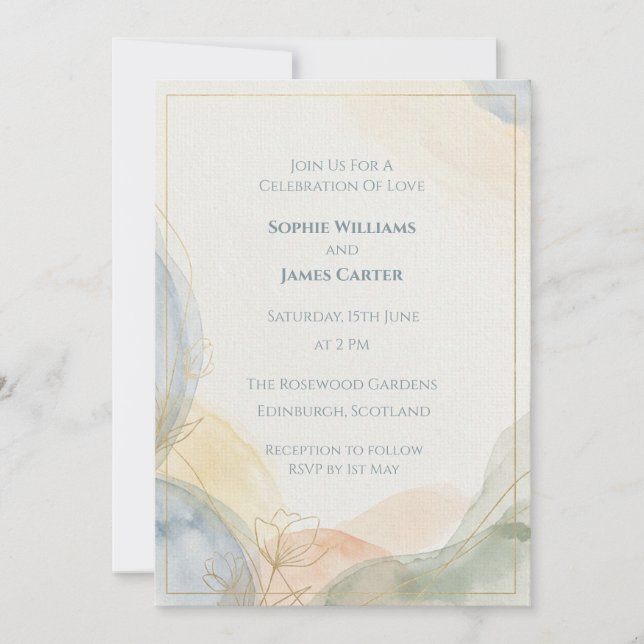 Soft Pastel Watercolour Abstract Botanical Wedding Invitation (Front)