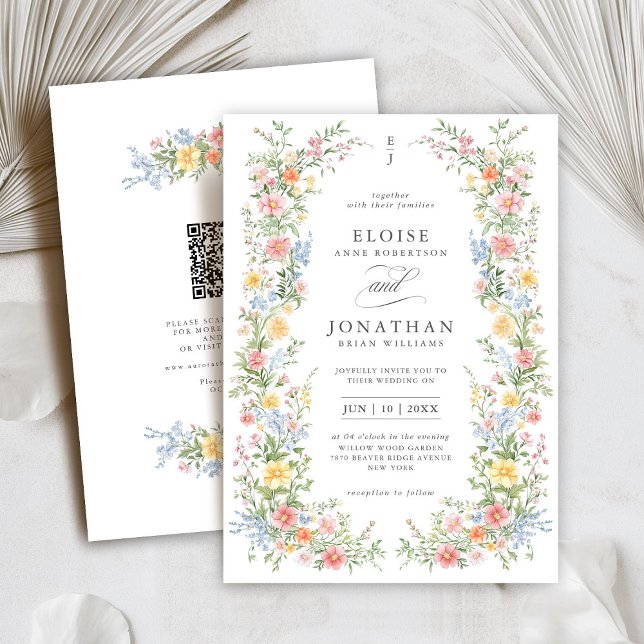 Soft Pastel Wildflower Spring QR Code Wedding Invitation (Soft Pastel Ornate Spring Garden Floral QR code Wedding invitation)