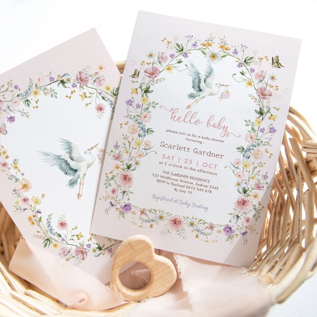 Soft Pastel Wildflower Stork Baby Girl Shower Invitation (Creator Uploaded)