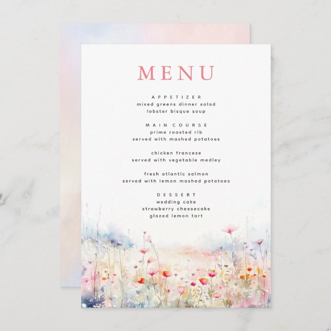 Soft Pastel Wildflowers Wedding Menu (Front/Back)