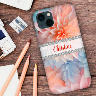 Soft pastels 3D dahlias, diamond frame custom iPhone 13 Case