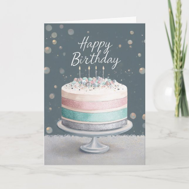 Soft Pastels Pink, Teal & Silver Birthday Cake Card (Front)