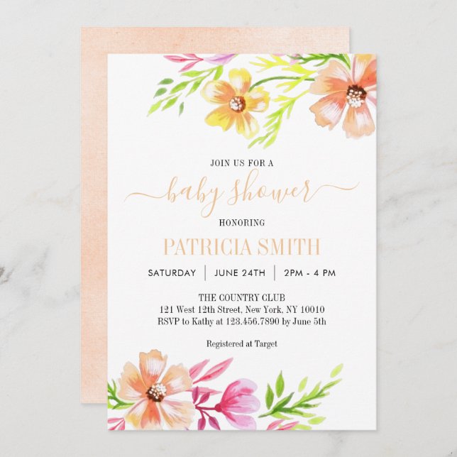 Soft pastels watercolor floral Baby Shower Invitation (Front/Back)