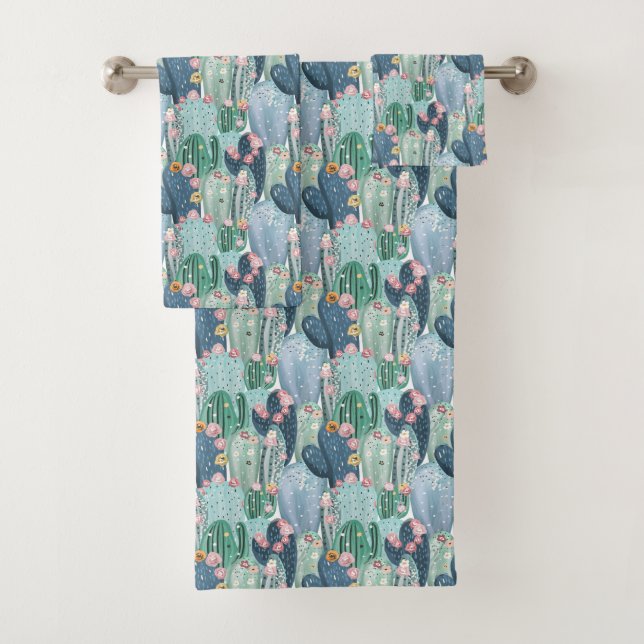 Soft Patel Cactus Pattern Bath Towel Set (Insitu)