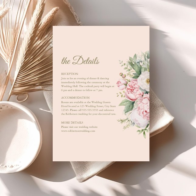 Soft Peach and Blush Floral Wedding Details Card (Soft Peach and Blush Floral Wedding Details Card on a boho wedding table.)