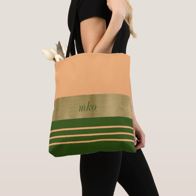 Soft Peach and Forest Green Tote Bag (Close Up)