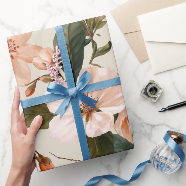 Soft Peach Blossom Ivory Floral Pattern Wrapping Paper (Gifting)