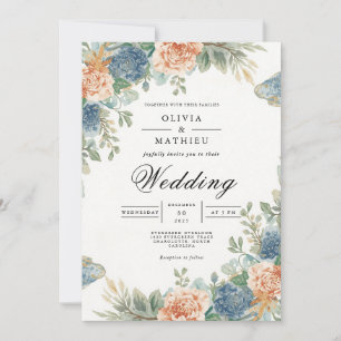 Soft Peach Blue Floral Arch Wedding Invitation